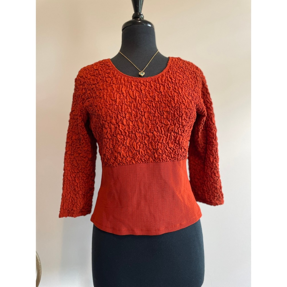 Vintage Rust Orange Textured 3/4 BOHO Sleeve Blouse Y2K Top L Made In‎ USA